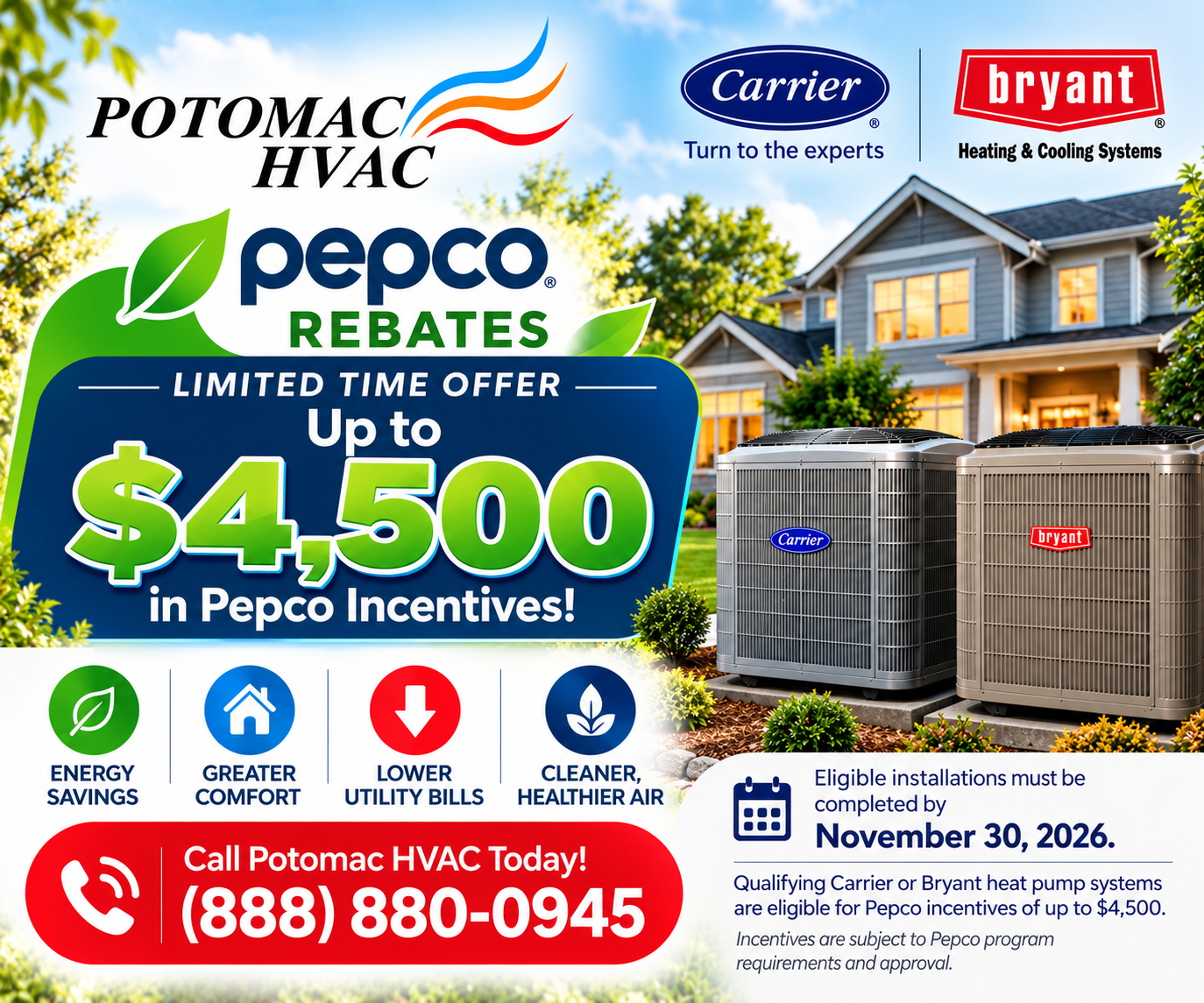 Potomac HVAC Pepco rebate promotion offering up to $4,500 in incentives on qualifying Carrier and Bryant heat pump installations in Maryland.